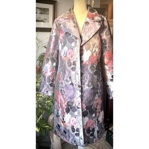 Isaac Misrahi Live Trench coat in metallic gray with floral print Size- Large